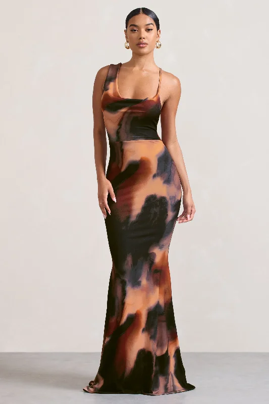 Maxi dresses for a luxurious dinner celebration at a high-end resort -Phantasy |  Orange Smoke Print Asymmetric Neckline Cowl Maxi Dress