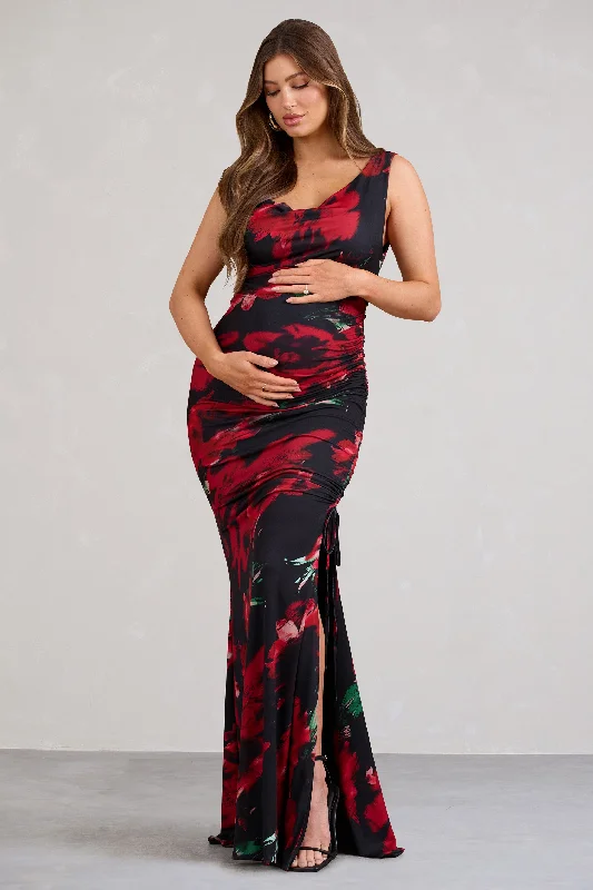 Maxi dresses for a chic garden party at a luxury estate -Phantasy | Red Floral Asymmetric Split Maternity Maxi Dress