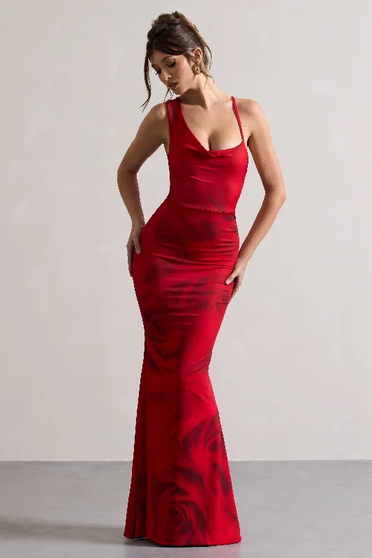 Maxi dresses for a glamorous rooftop wedding reception -Phantasy | Red Rose Print Asymmetric Neckline Cowl Maxi Dress