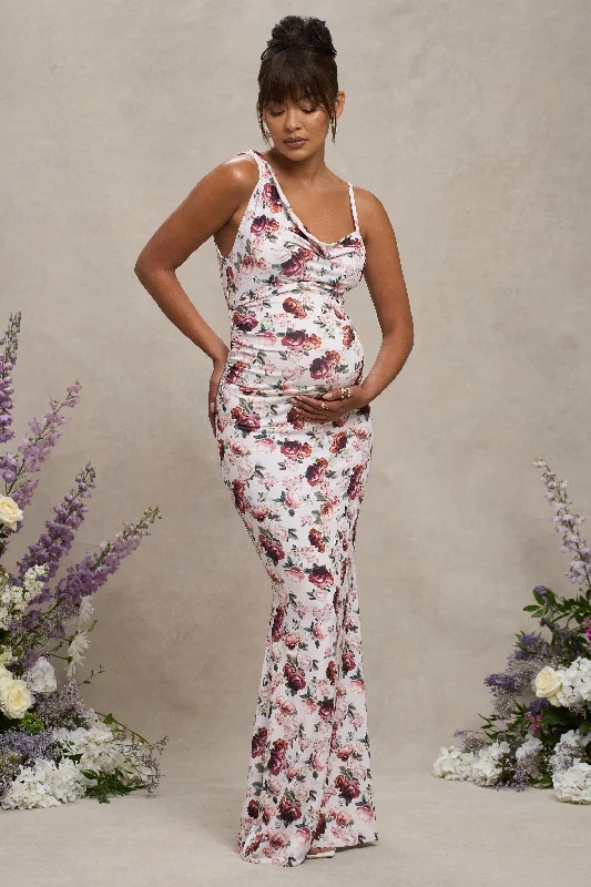 Maxi dresses for a luxury brunch event with friends by the beach -Phantasy | White Floral Maternity Cowl Neck Maxi Dress