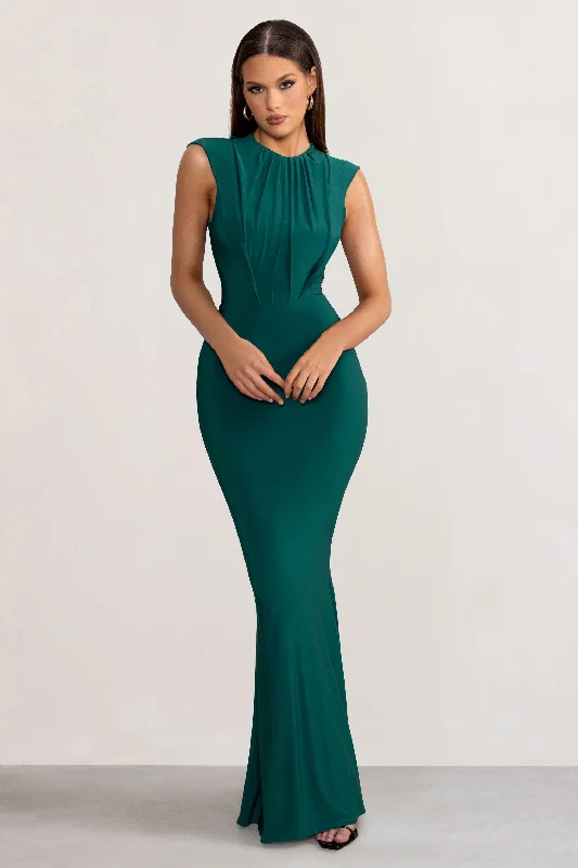 Maxi dresses with delicate lace detailing for vintage vibes -Phoenix | Bottle Green Sleeveless Maxi Dress with Hood