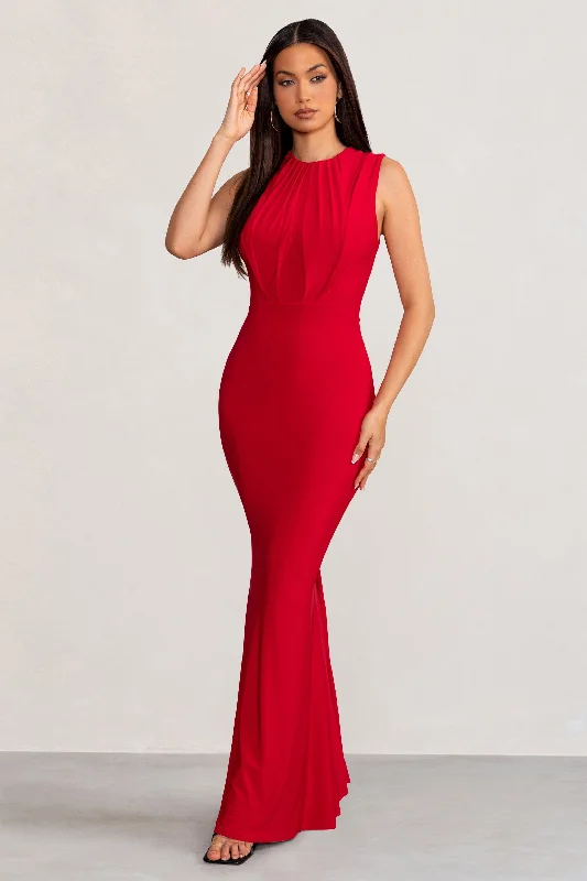 Maxi dresses for an elegant garden tea party with guests -Phoenix | Red Sleeveless Maxi Dress with Hood