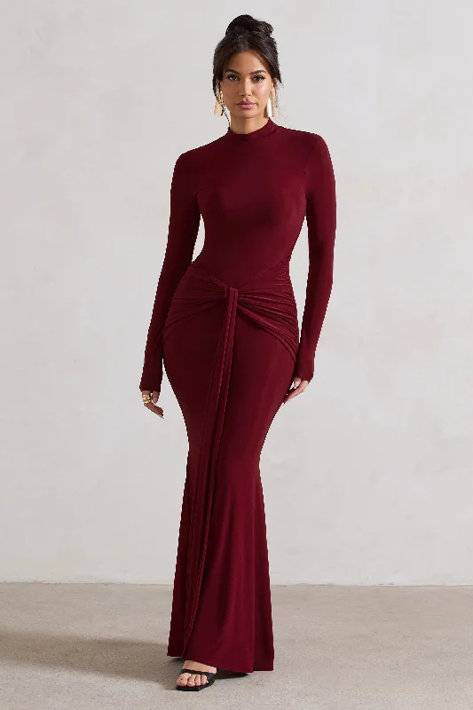 Maxi dresses with chiffon and lace detailing for a soft look -Pietra | Berry High-Neck Long Sleeve Knot Maxi Dress