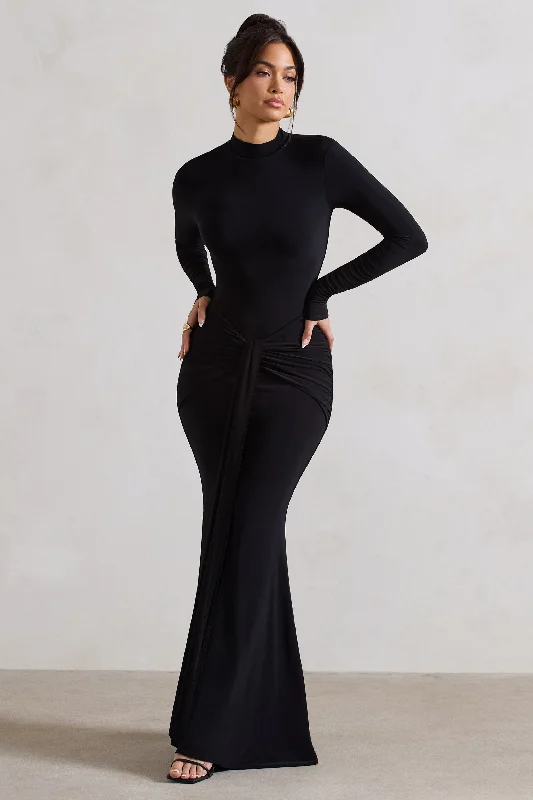 Maxi dresses for a tropical wedding in the Caribbean -Pietra | Black High-Neck Long Sleeve Knot Maxi Dress