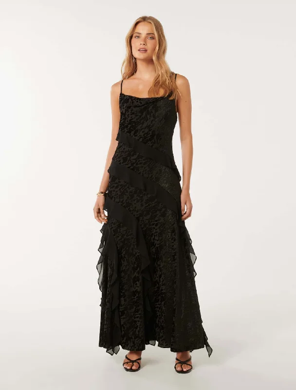 Maxi dresses for an elegant dinner at a high-end restaurant -Piper Velvet Ruffle Maxi Dress