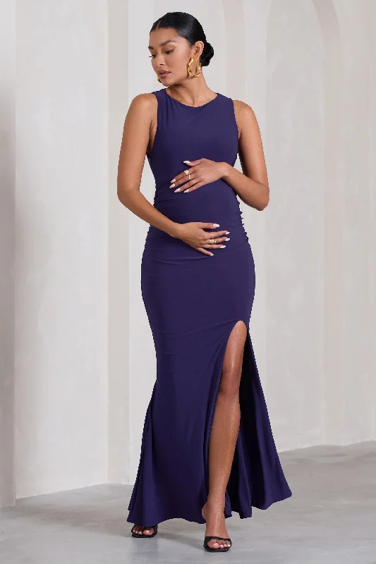 Maxi dresses for a glamorous rooftop wedding reception -Pollie | Purple Cowl-Back Split Maternity Maxi Dress