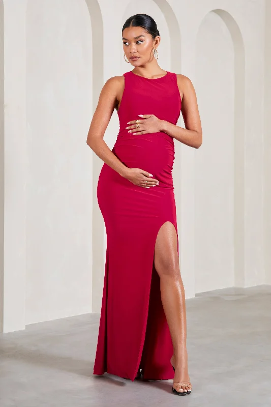 Maxi dresses for a stylish destination wedding on the coast -Pollie | Red Cowl-Back Split Maternity Maxi Dress