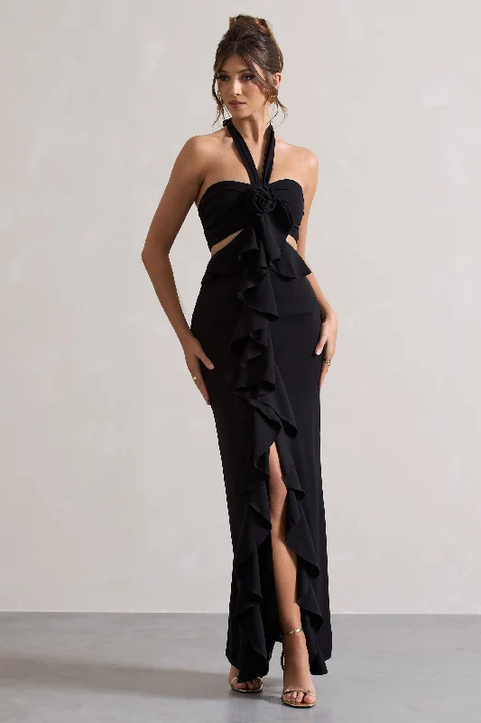 Maxi dresses for a romantic dinner party in a vineyard -Powerful | Black Cut-Out Halter-Neck Maxi Dress With Flower & Ruffles