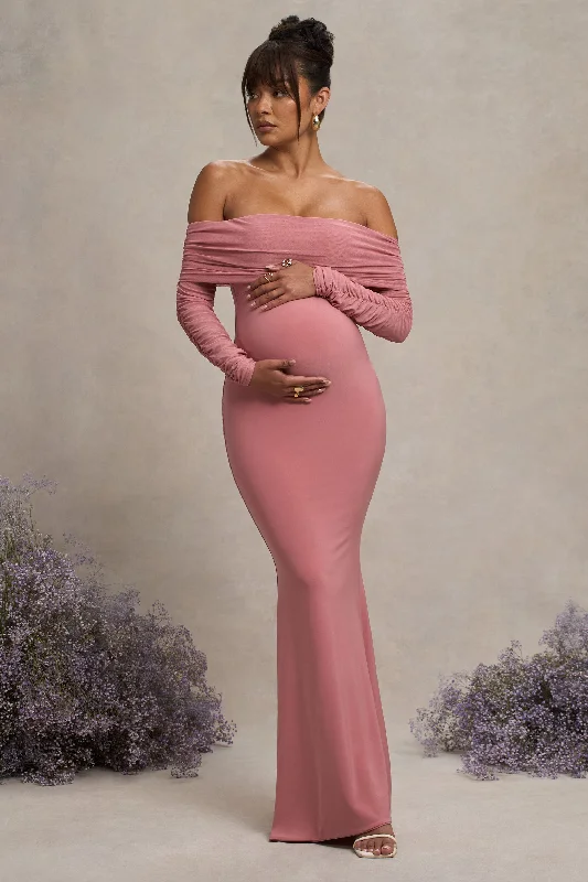 Maxi dresses with a fitted bodice for a classic look -Pretty Perfect | Blush Pink Maternity Ruched Mesh Bardot Maxi Dress