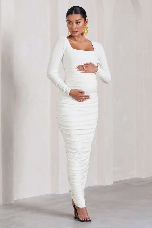 Maxi dresses for a sophisticated sunset wedding by the ocean -Prissie | White Ruched Square-Neck Long-Sleeve Maternity Maxi Dress