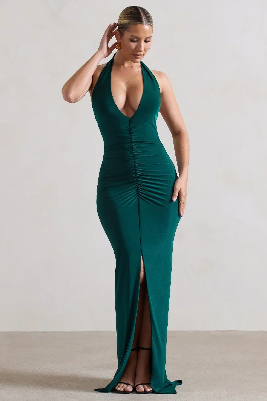 Maxi dresses for an elegant evening gathering in the countryside -Rachel | Bottle Green Ruched Halter-Neck Split Maxi Dress