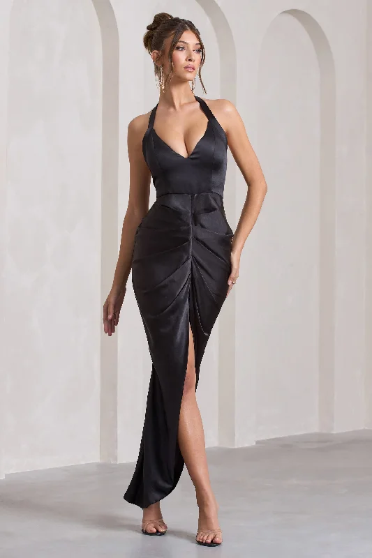 Maxi dresses for an intimate dinner at a private estate -Rebecca | Black Satin Plunge Halter-Neck Open-Back Split Maxi Dress