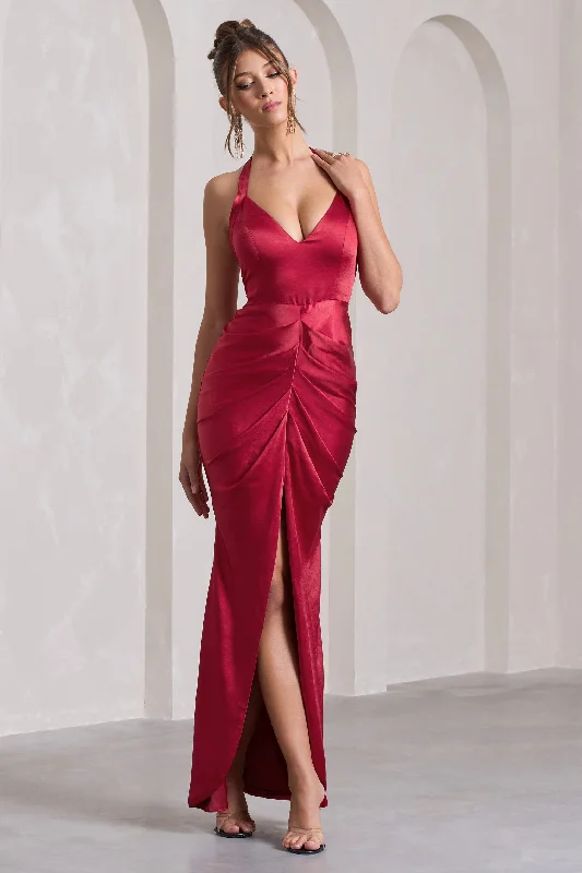 Maxi dresses for a family reunion dinner at a luxurious venue -Rebecca | Red Satin Plunge Halter-Neck Open-Back Split Maxi Dress