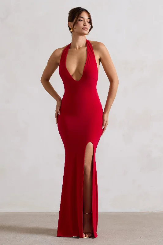 Maxi dresses for a formal evening celebration at a mansion -Glamour | Red Backless V Plunge Halter Neck Maxi Dress With Side Split