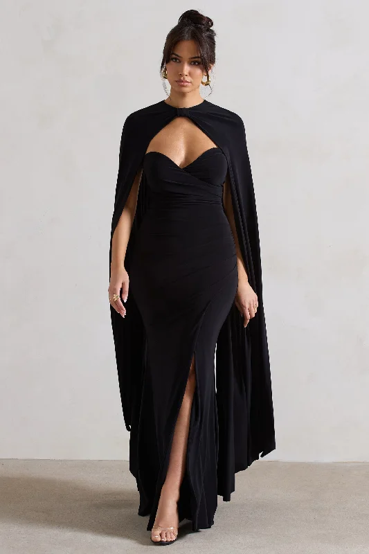 Maxi dresses with delicate lace for a soft, feminine touch -Reign | Black Corset Wrap Maxi Dress With Cape