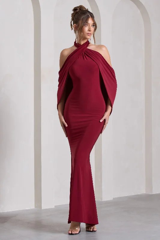 Maxi dresses for intimate family gatherings during the holidays -Revelation | Berry Red Crossed Halter-Neck Maxi Dress With Cape