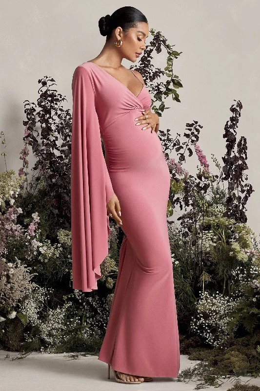 Maxi dresses with sheer panels for an elegant touch -Rhea | Blush Pink V-Neck Split Maternity Maxi Dress With Cape Sleeve