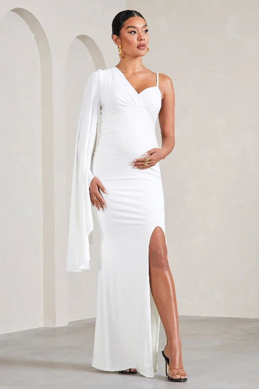 Maxi dresses for casual outdoor lunches in the garden -Rhea | White V-Neck Split Maternity Maxi Dress With Cape Sleeve