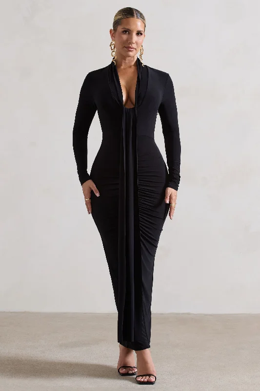 Maxi dresses for a stylish cocktail event in the city -Risha | Black Plunge-Neck Long-Sleeve Drape Maxi Dress