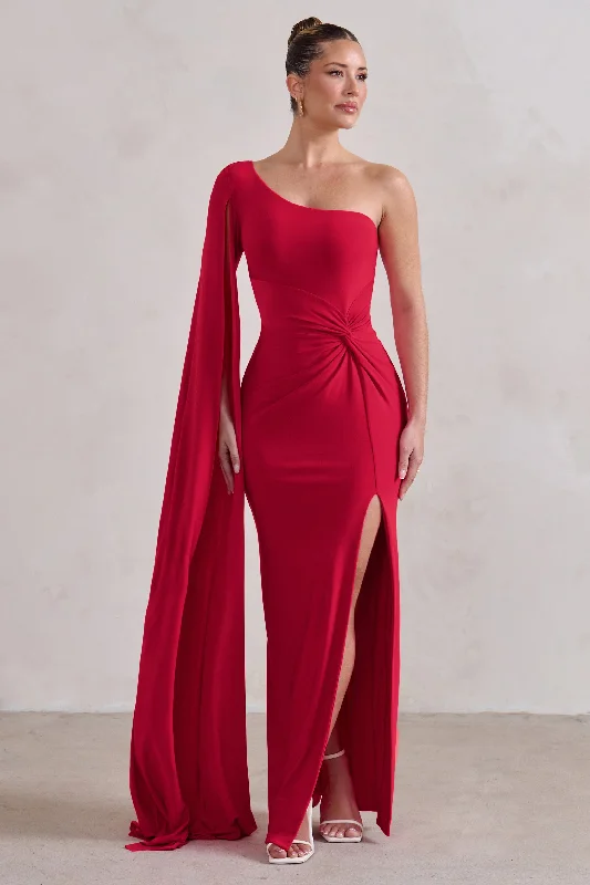 Maxi dresses with a deep V-neck for evening events -Romi | Red One Shoulder Twist Design Maxi Dress