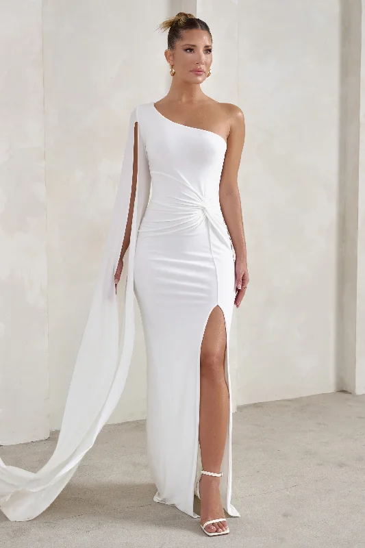 Maxi dresses for an elegant family dinner by the beach -Romi | White One Shoulder Twist Design Maxi Dress