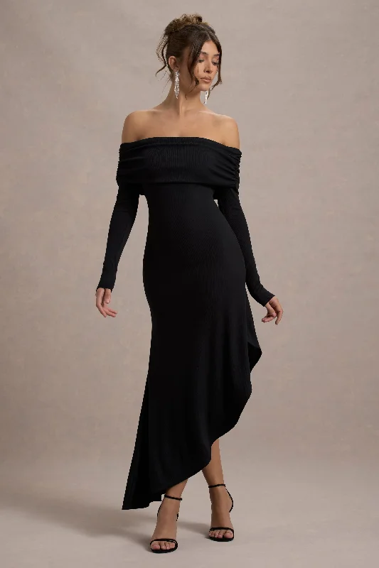 Maxi dresses for a spring wedding reception -Romina | Black Rib Knit Bardot Maxi Dress With Asymmetric Hem