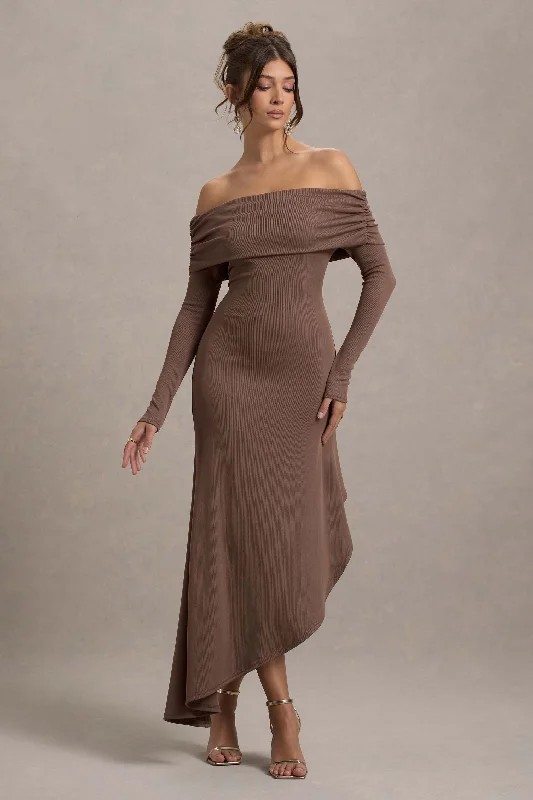 Maxi dresses with a flattering mermaid silhouette for evening wear -Romina | Mocha Rib Knit Bardot Maxi Dress With Asymmetric Hem