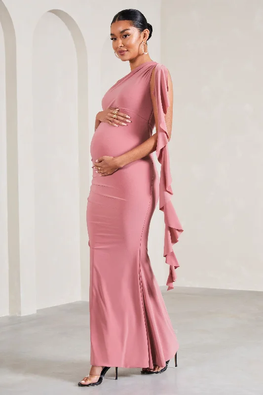 Maxi dresses for a garden reception under the moonlight -Rosalie | Blush Pink One-Shoulder Maternity Maxi Dress With Ruffles