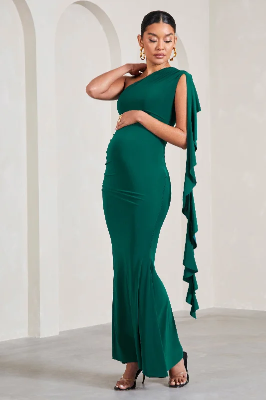 Maxi dresses with a structured bodice for formal events -Rosalie | Bottle Green One-Shoulder Maternity Maxi Dress With Ruffles