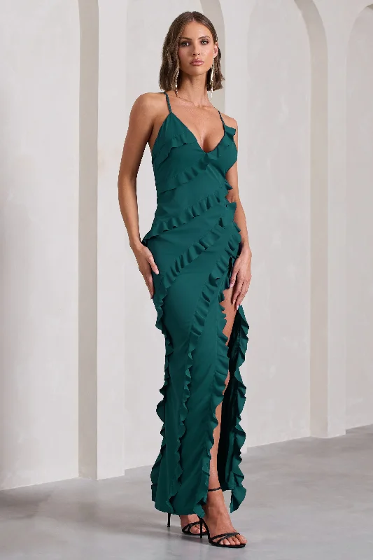 Maxi dresses for formal events in a ballroom setting -Run The World | Bottle Green Sweetheart Neckline Ruffle Maxi Dress