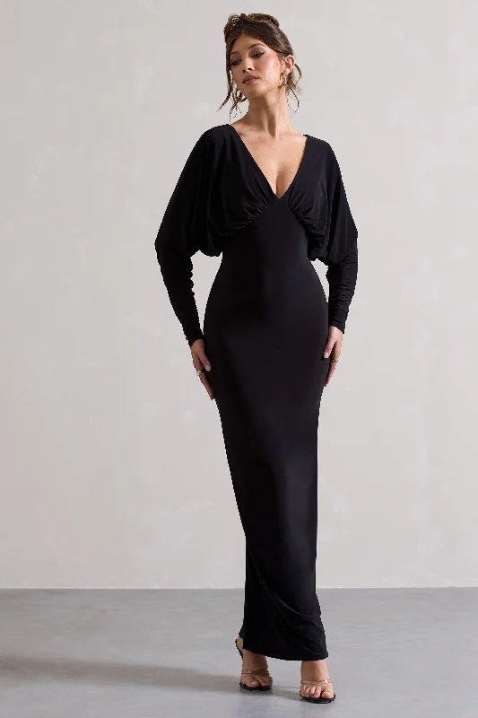 Maxi dresses for a stylish cocktail event in the city -Ruth | Black Draped Plunge-Neck Maxi Dress