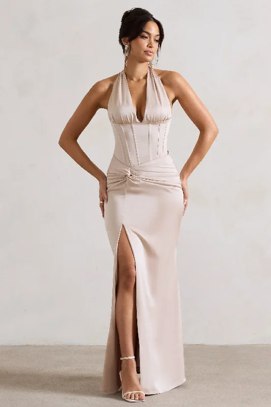 Maxi dresses for an intimate family celebration at the vineyard -Sacha | Champagne Satin Corset Style Maxi Dress With Wrap Skirt