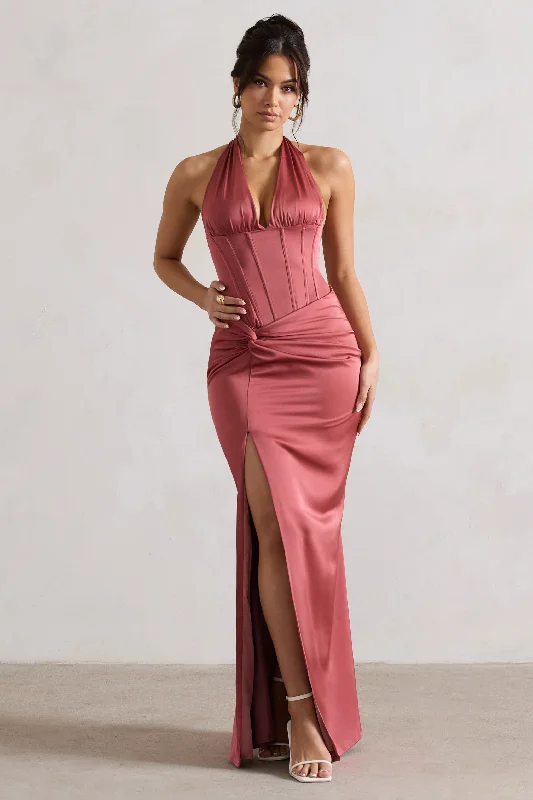 Maxi dresses for a romantic formal event at a vineyard -Sacha | Rose Pink Satin Corset Style Maxi Dress With Wrap Skirt