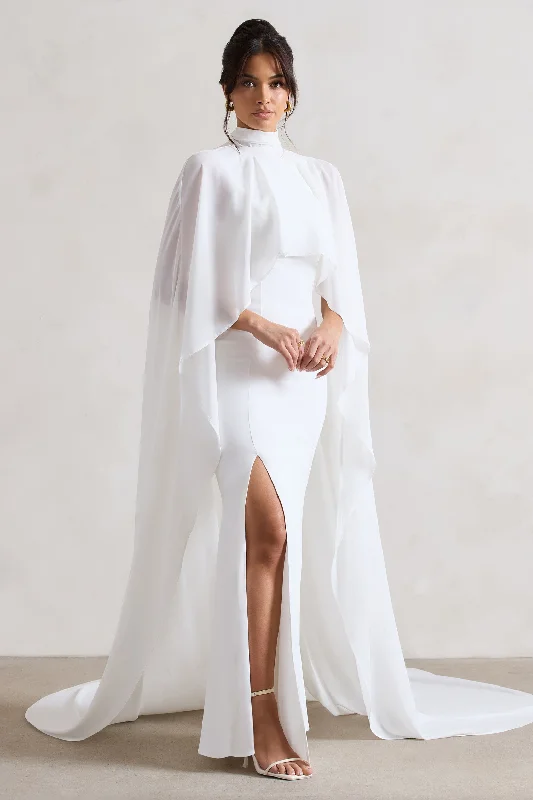 Maxi dresses for a luxurious cocktail event -Saint | Cream Fishtail Split Maxi Dress With Chiffon Cape