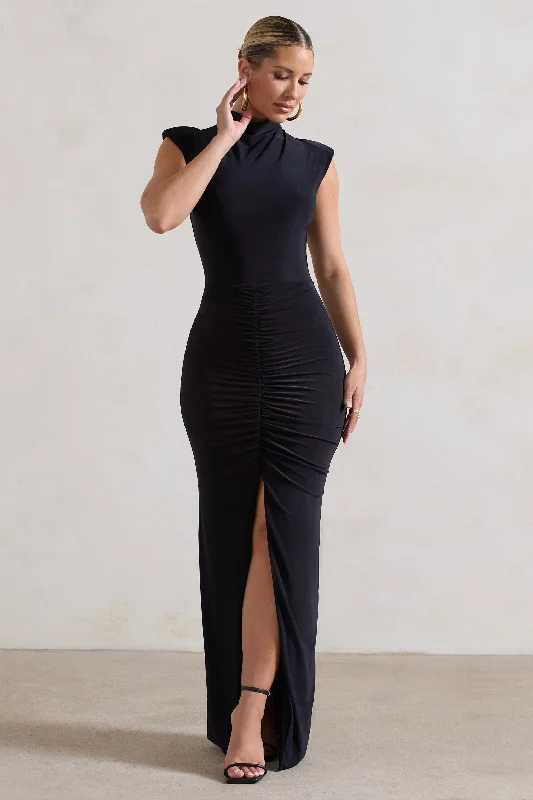 Maxi dresses for a chic evening celebration at a vineyard -Samira | Black Ruched High-Neck Split Maxi Dress