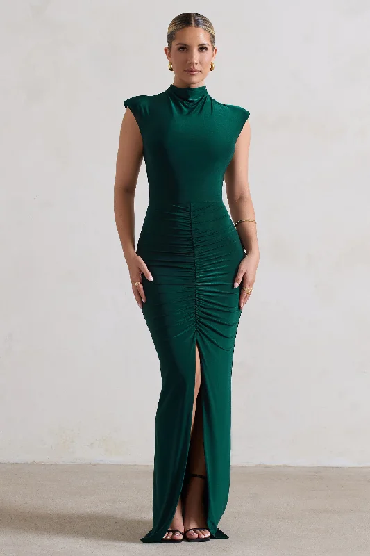 Maxi dresses for a tropical beach celebration with friends -Samira | Bottle Green Ruched High-Neck Split Maxi Dress