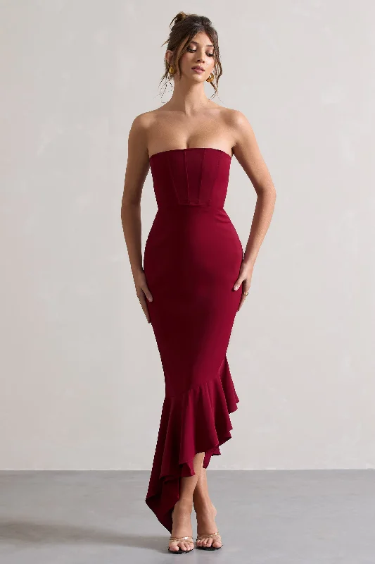 Maxi dresses with a halter neck design for a trendy look -Sandy | Berry Strapless Corset Asymmetric Maxi Dress