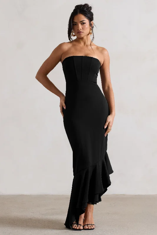 Maxi dresses for an elegant event in a private garden -Sandy | Black Strapless Corset Asymmetric Maxi Dress