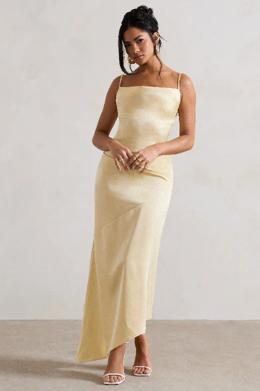 Maxi dresses with intricate lace for sophisticated events -Santi | Lemon Satin Cowl-Neck Asymmetric Maxi Dress