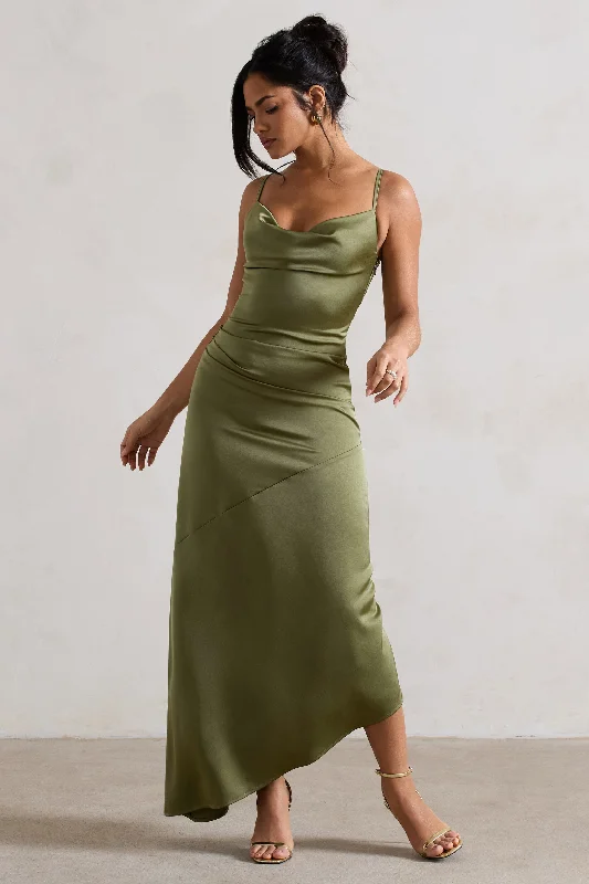 Maxi dresses for an elegant celebration at a luxury restaurant -Santi | Olive Green Satin Cowl-Neck Asymmetric Maxi Dress