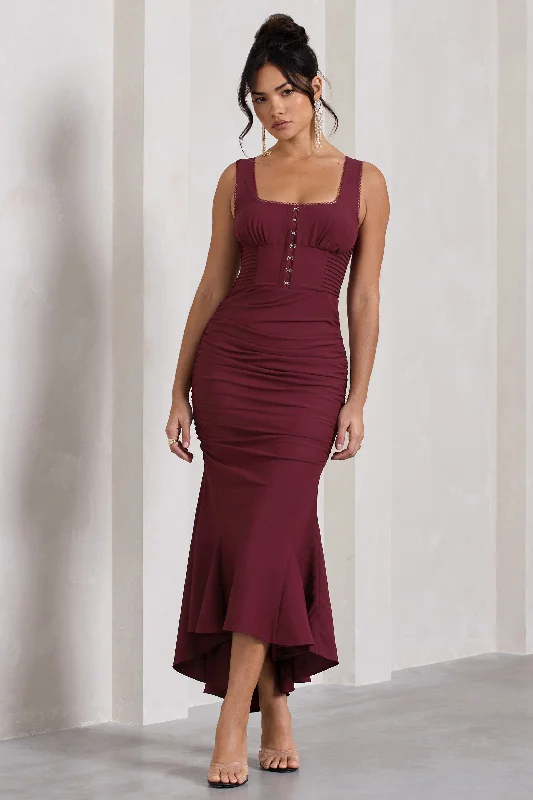 Maxi dresses with floral appliqués for springtime events -Savannah | Burgundy Square-Neck Corset Fishtail Maxi Dress