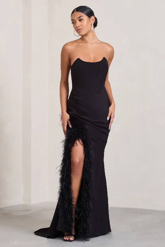 Maxi dresses for a glamorous beach wedding celebration -Say Yes | Black Corset Maxi Dress With Split Feather Skirt