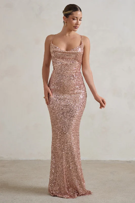 Maxi dresses for a chic outdoor wedding reception in the garden -Seeing Stars | Champagne Cowl Cami Sequin Maxi Dress With Waist Tie