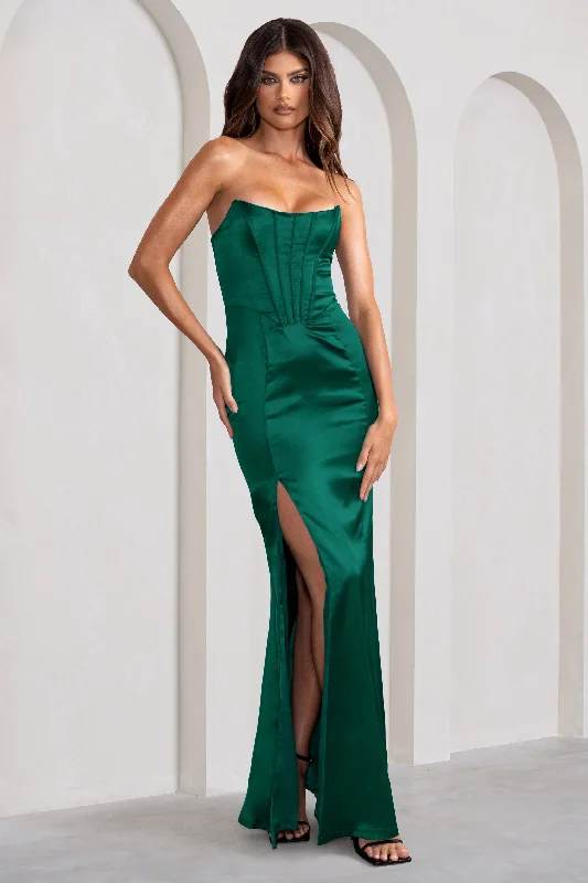 Maxi dresses with delicate lace detailing for vintage vibes -Sensual Notes | Bottle Green Satin Strapless Corset Thigh Split Fishtail Maxi Dress