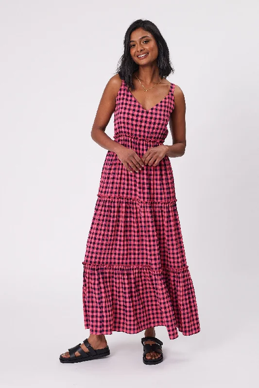 Maxi dresses with modern prints for a chic day out -Shine On Label Eden Gingham Tiered Maxi Dress Fuchsia Midnight