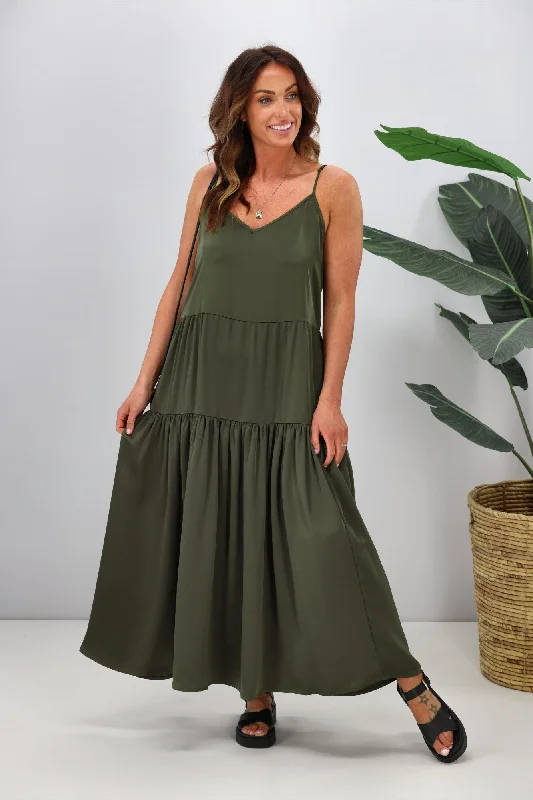 Maxi dresses for a stylish destination wedding on the coast -Shine On Label Harrie Satin Maxi Dress Olive