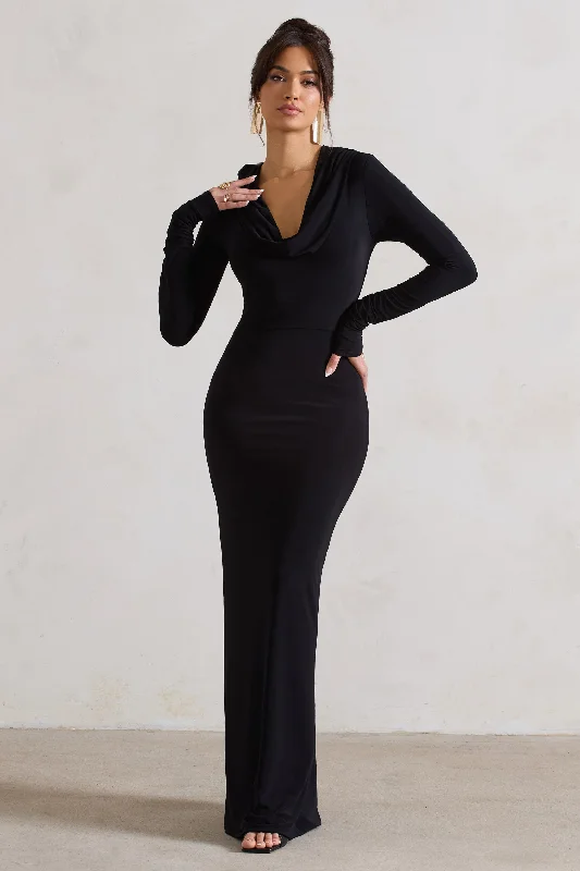 Maxi dresses with lace accents for an elegant touch -Shira | Black Long-Sleeve Hooded Maxi Dress