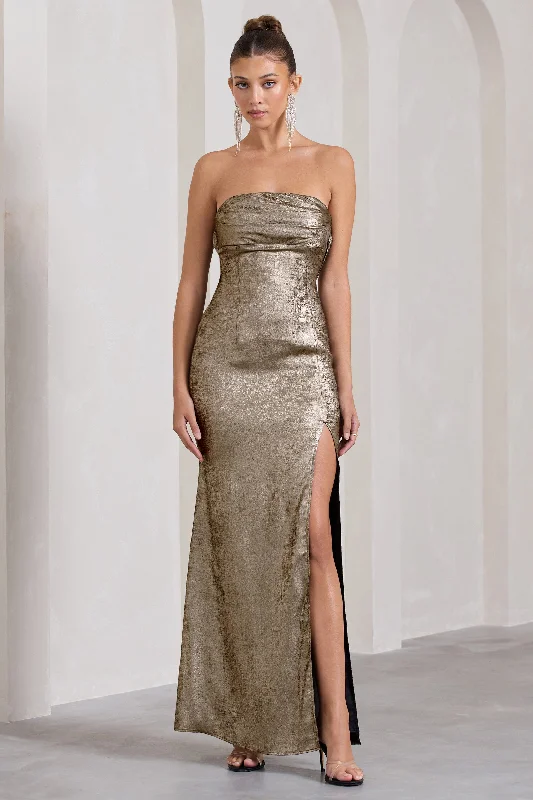 Maxi dresses for elegant evening affairs in the city -Showstopper | Gold Metallic Strapless Open-Back Split Maxi Dress