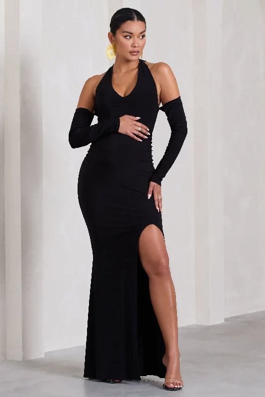 Maxi dresses for a tropical destination wedding on the beach -Solana | Black Halter-Neck Long-Sleeve Split Maternity Maxi Dress