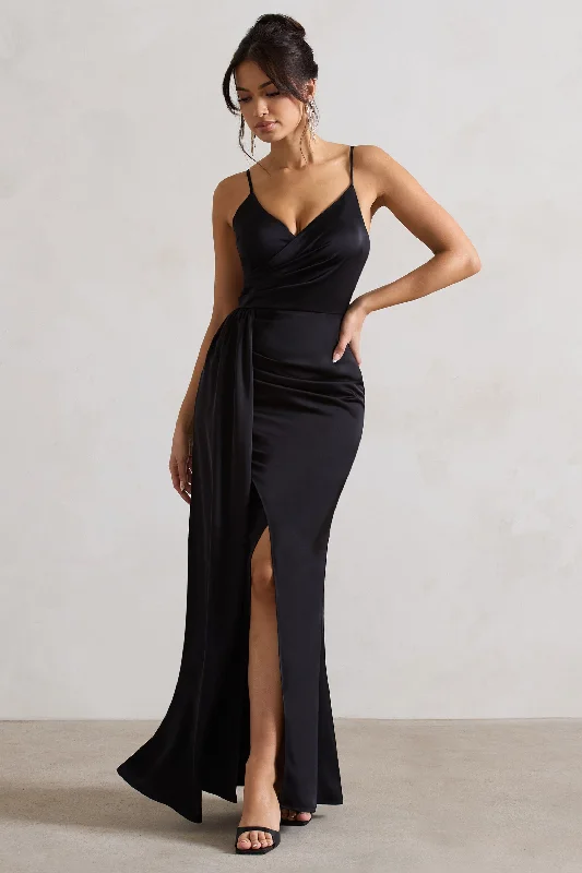 Maxi dresses for casual outdoor barbecues with friends -Soraya | Black Satin V-Neck Split Maxi Dress With Drape